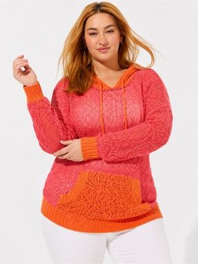 Torrid Sweater Womens Size 0 L(12) Plus Pink Orange Colorblock Hooded Pullover